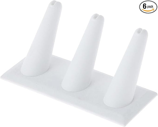 Plymor White Faux Leather Ring Finger Display, Three on Rectangular Base, 4.875" W x 2.25" D x 2" H (Pack of 6)