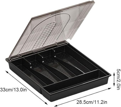 Utensil Tray with Lid, 6 Compartments Covered Silverware Organizer Case for Spoons Forks, Plastic Cutlery and Flatware Storage Box for Kitchen Drawer and Countertop(Gray)