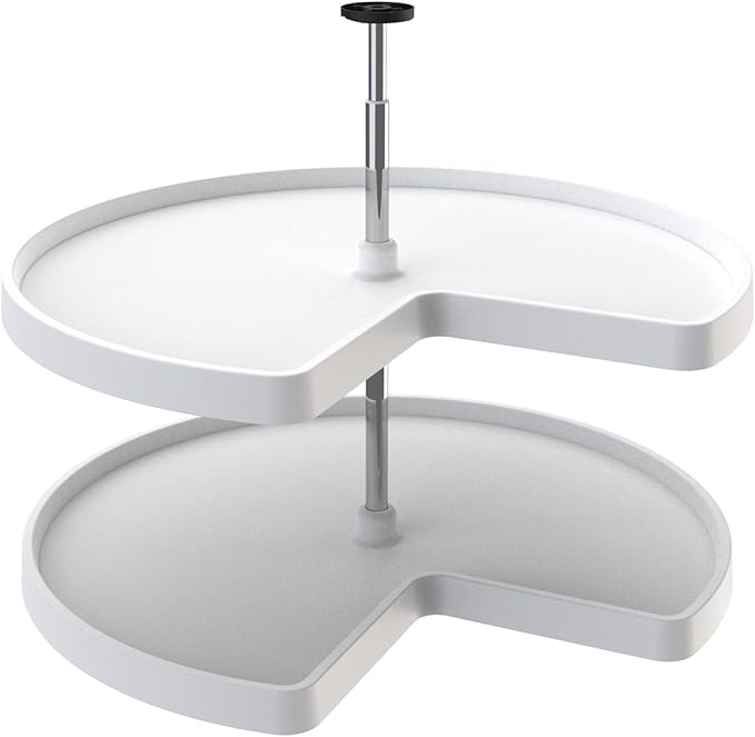 Rev-A-Shelf 2 Tier Kidney Cut Lazy Susan for Corner Base Cabinets, Plastic, 32" Double Shelf Swivel Kitchen Spice/ Can Organizer, White, 3472-32-11-52