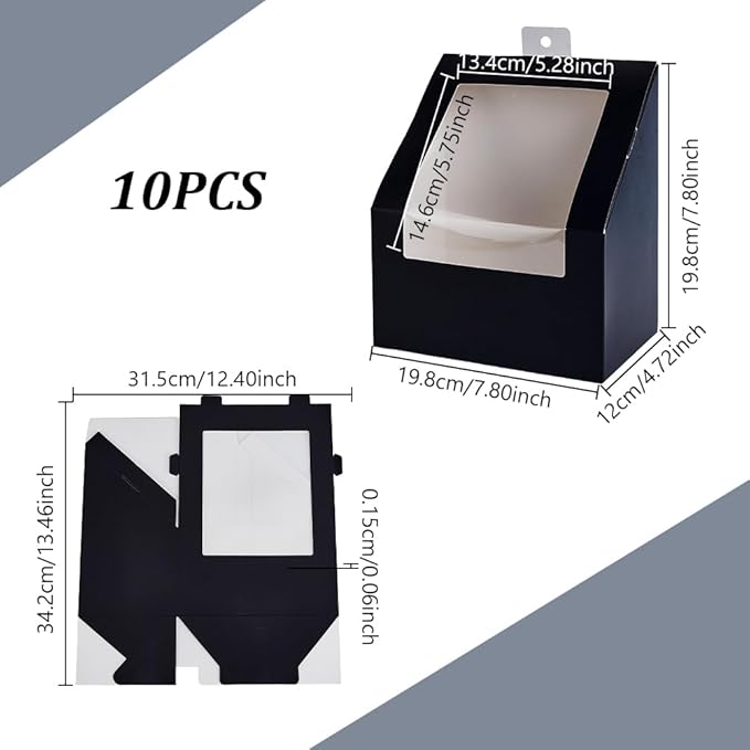AHANDMAKER 10 Pcs Black Hat Storage Box, Foldable Cardboard Gift Storage Boxes with Clear PVC Window, 7.8" x 7.8" x 4.7" Storage Containter for Baseball Hat Display Case Holder