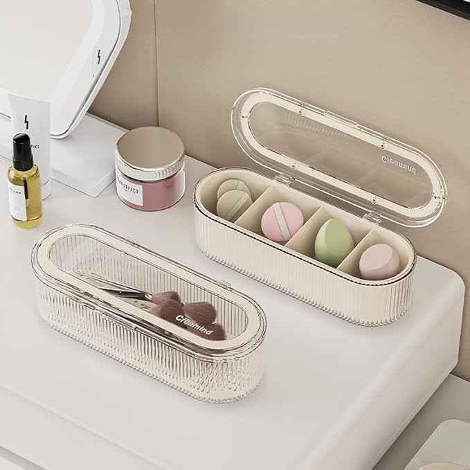 Clear Acrylic Makeup Brush Holder Organizer With Lid - Cosmetic Storage Case Display for Vanity and Sponges