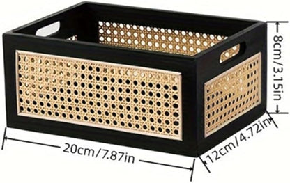 Storage Basket, Wooden Bamboo Weaving Storage Basket Hand-Woven Desktop Storage Bins for Toys, Snacks, Office/Home Supplies, Cosmetics, etc. (S)