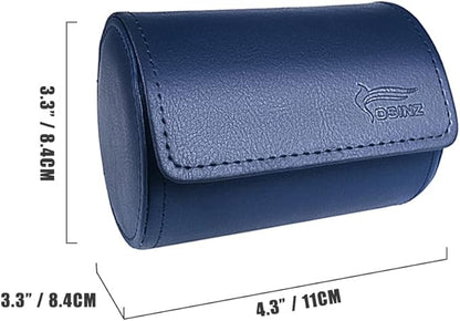 Leather Tie Case Box Organizer for Men's Necktie and Bow Tie Storage Travel Gift Box (round button, Blue, 4.3" x 3.3" x 3.3")