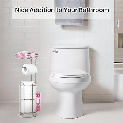 Mega Roll Toilet Paper Holder Stainless Steel Bathroom Tissue Holder Stand TP Dispenser with Phone/Wipe Shelf & Magazine Rack Free Standing-Chrome