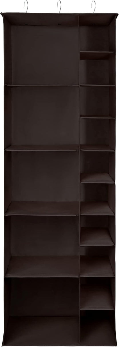 Libeder Shoe Organizer for Closet, 15 Shelf Hanging Closet Storage Shelves - 10 Shoe Rack Organizer and 5 Compartment for Clothes with 6 Side Mesh Pockets for Scarf, Socks,Gloves Coffee