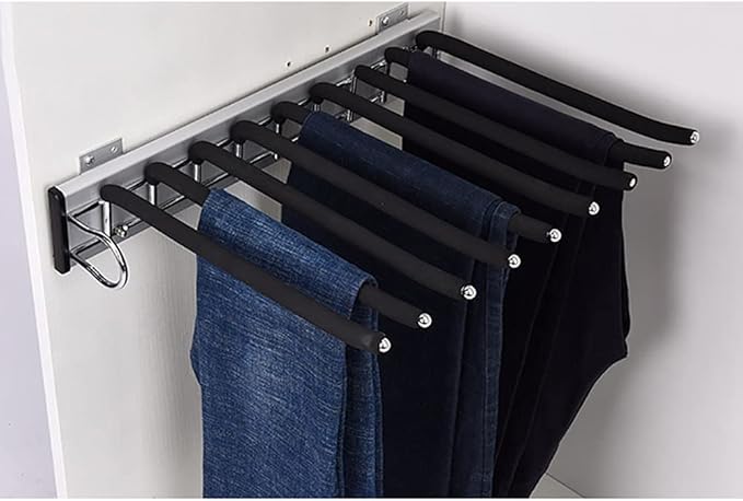 Heavy Duty Pull Out Sliding Trousers Pants Hanger 9 Scarf Tie Rack Closet Wardrobe Extendable Trousers Rack Jeans Rack Organizer