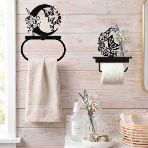 2 Pcs Black Moon Butterfly Flowers Toilet Paper Holder Towel and Ring Holder, Woodland Cabin Accessories for Bathroom Kitchen Lodge, Rustic Moon Butterfly and Flowers Decor for Indoor Outdoor - Image 7