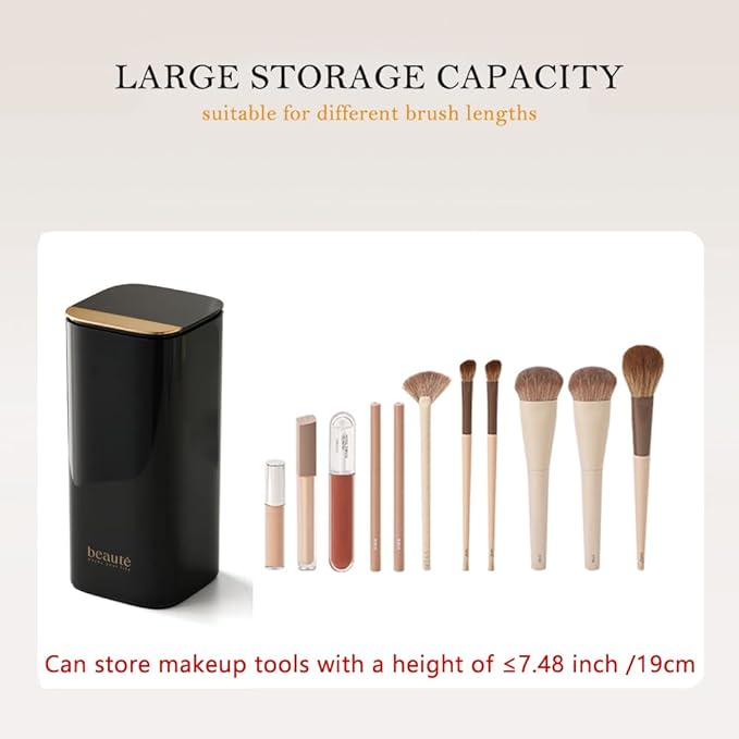 Push Pop-Up Makeup Brush Holder with Lid,4 Slots Makeup Brush Organizer, Makeup Cosmetics Organizer for Vanity Decor, Bathroom Countertop, Large Dustproof Cosmetic Brushes Container, Black