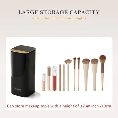 Push Pop-Up Makeup Brush Holder with Lid,4 Slots Makeup Brush Organizer, Makeup Cosmetics Organizer for Vanity Decor, Bathroom Countertop, Large Dustproof Cosmetic Brushes Container, Black