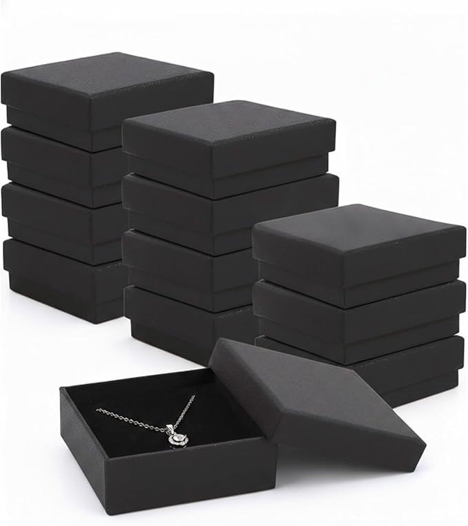 Rocutus Jewelry Gift Boxes for Necklace, Earring, Ring - Cotton Filled Cardboard Paper Jewelry Box Gift Cases for Wedding, 12 Pack Engagement, Gift Packaging, Luxury Jewelry Box, Ring Box (Black)