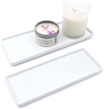 Ceramic Candle Tray - Small Rectangle, White Marble Organizer for Candle, Soap, Jewelry, Perfume, Towel Holder - Decorative Tray for Bathroom, Kitchen, Counter, Restroom (2 Pack)