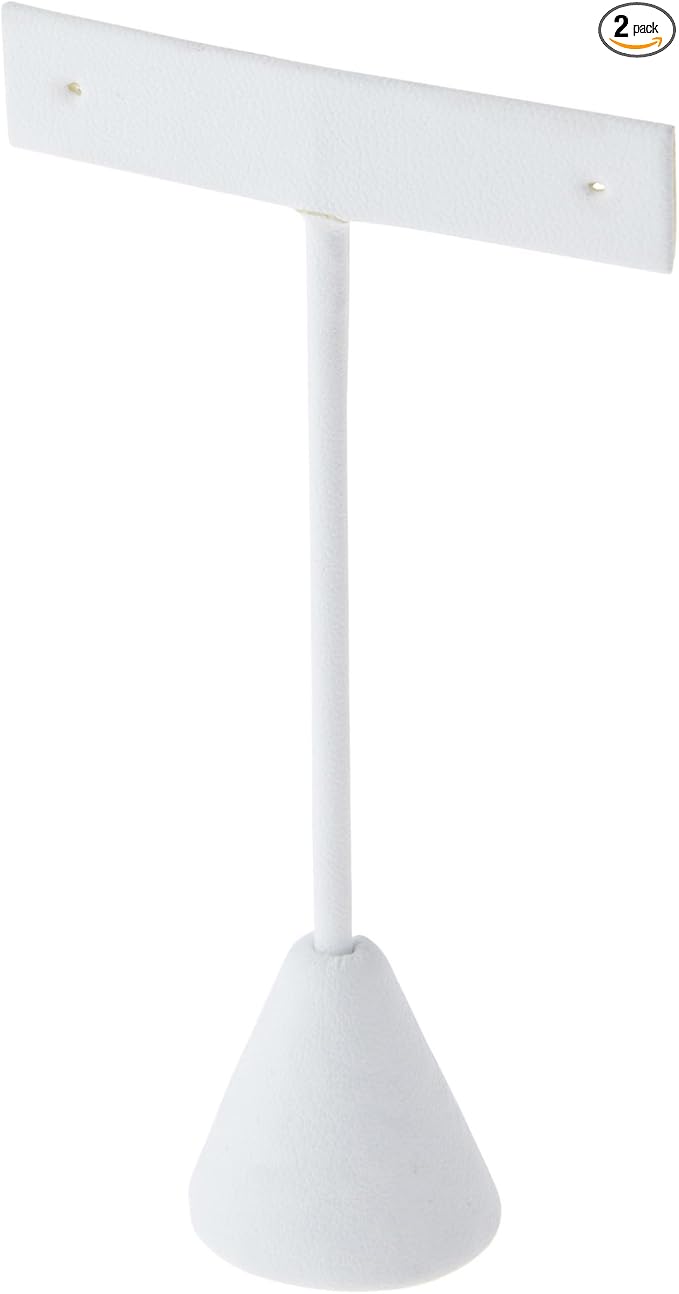 Plymor White Faux Leather T Style, Single Pair Earring Display Stand, 2.5" W x 1.25" D x 4.5" H (Pack of 2)