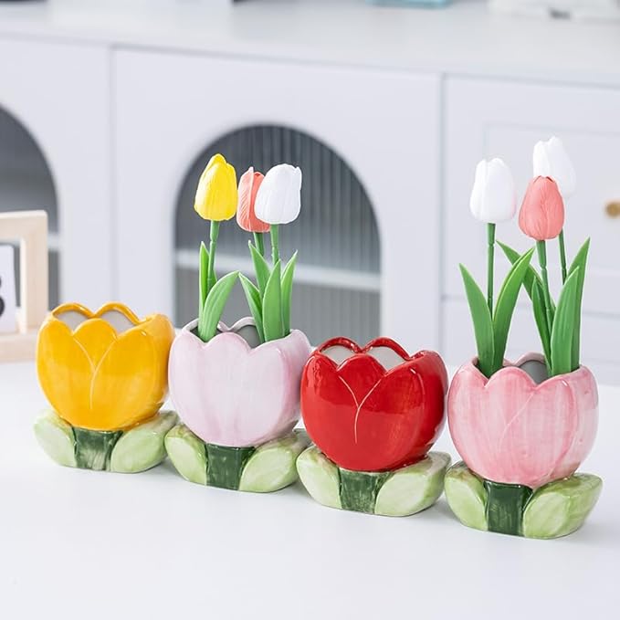 TANG SONG Ceramic Tulip Make up Brush Holder Flower Cosmetic Storage Box Pen and Pencil Holder Desktop Organizers (Yellow)