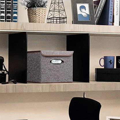 Storage Bin [Set of 4] Linen Fabric Foldable Container with Lid, Collapsible Organizer Boxes Cubes - 10 x 10 x 10 Inches (Gray)