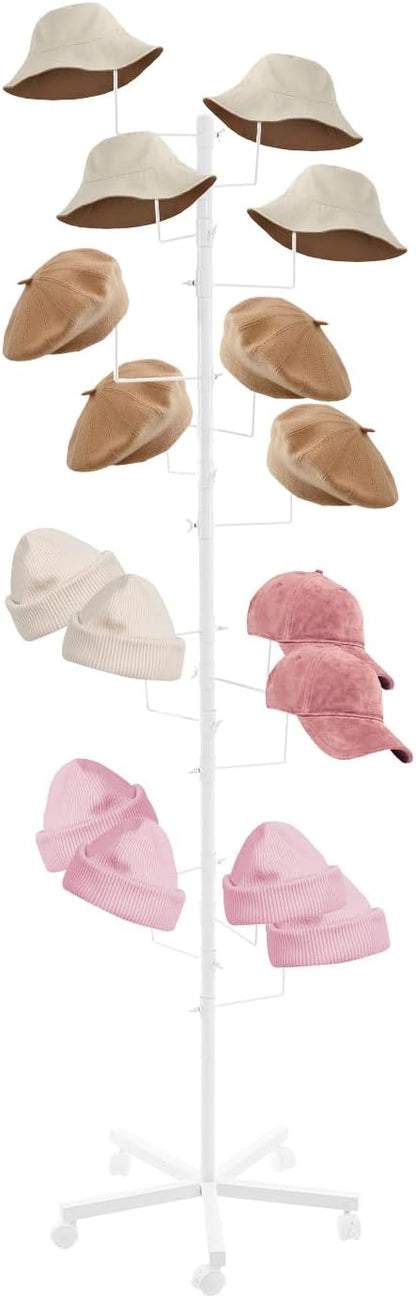 Freestanding Hat Rack Stand with Wheels,Metal Hat Organizer Rack with 16 Adjustable Circular Hooks,Floor Standing Hats Tree Display Stand (White)
