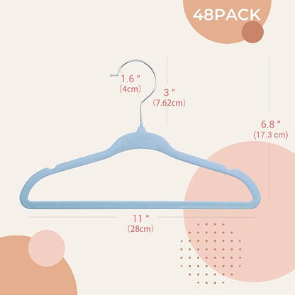 ManGotree 11" Baby Velvet Hangers, Non-Slip Infant Coat Hangers, Ultra-Thin Toddler Felt Hanger with 360° Swivel Hook, Space Saving Children's Hanger for Kids Clothes, 48 Pack (Blue)
