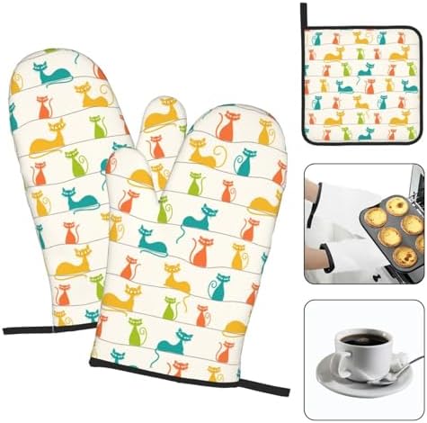 Mid Century Modern Cats Oven Mitts and Pot Holders Set Heat Resistant Cute Oven Gloves for BBQ Baking Grilling Cooks Kitchen Decor 3 Piece - Image 3