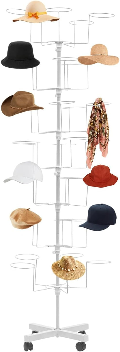 Freestanding Rotating Hat Display Rack: 7-Tiers, 35 Hooks, with Wheels, Black Metal Floor Stand for Hats, Wigs, and Caps - Ideal for Retail Stores and Organizing Headwear. (White)