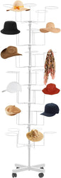 Freestanding Rotating Hat Display Rack: 7-Tiers, 35 Hooks, with Wheels, Black Metal Floor Stand for Hats, Wigs, and Caps - Ideal for Retail Stores and Organizing Headwear. (White)