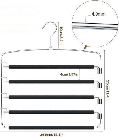 5-Tier Pants Hanger 2 Pack, Closet Organizer Space Saving Hanging Storage for Jeans, Trousers, Skirts, Dresses, Scarves (1-Pack)