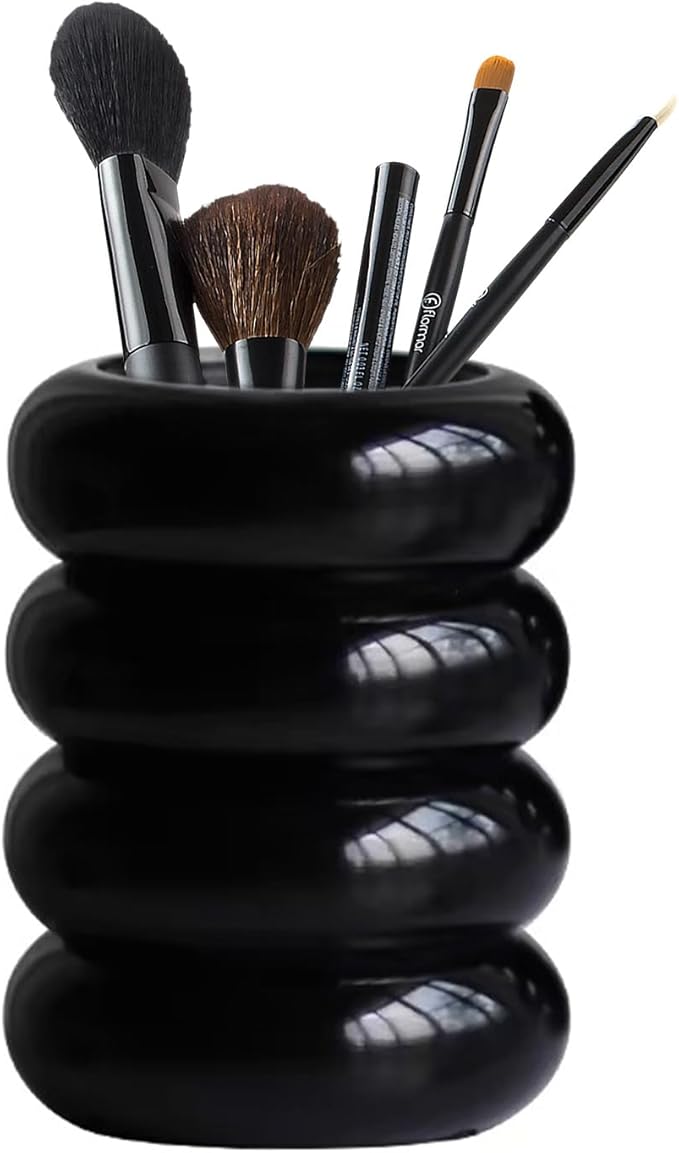 Tissting Qtip Holder Dispenser 7.8 x 12.5cm Black Resin Doughnut Shape Cotton Swab Storage Container with Lid, Qtip Dispenser Jars for Bathroom Vanity