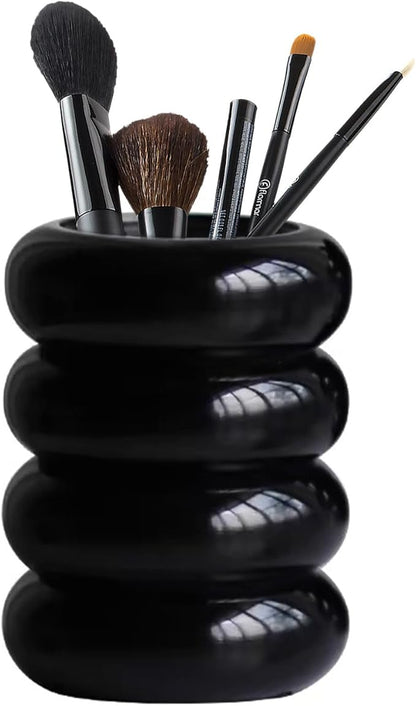 Tissting Qtip Holder Dispenser 7.8 x 12.5cm Black Resin Doughnut Shape Cotton Swab Storage Container with Lid, Qtip Dispenser Jars for Bathroom Vanity