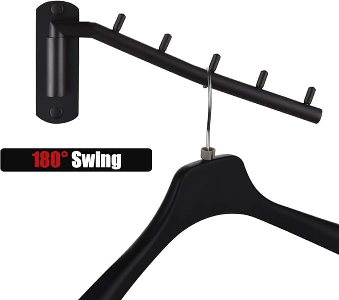 JQK Folding Clothes Hanger Rack, Stainless Steel Swing Arm Hook Holder, Clothing Hanging System Drying Closet Storage Organizer Matte Black Wall Mount 2 Pack, SHR100-PB-2P