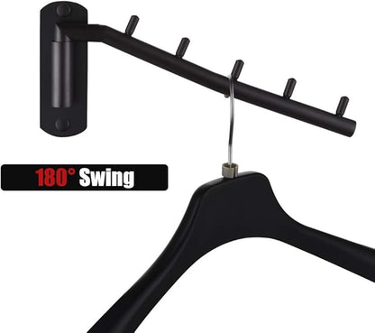 JQK Folding Clothes Hanger Rack, Stainless Steel Swing Arm Hook Holder, Clothing Hanging System Drying Closet Storage Organizer Matte Black Wall Mount 2 Pack, SHR100-PB-2P