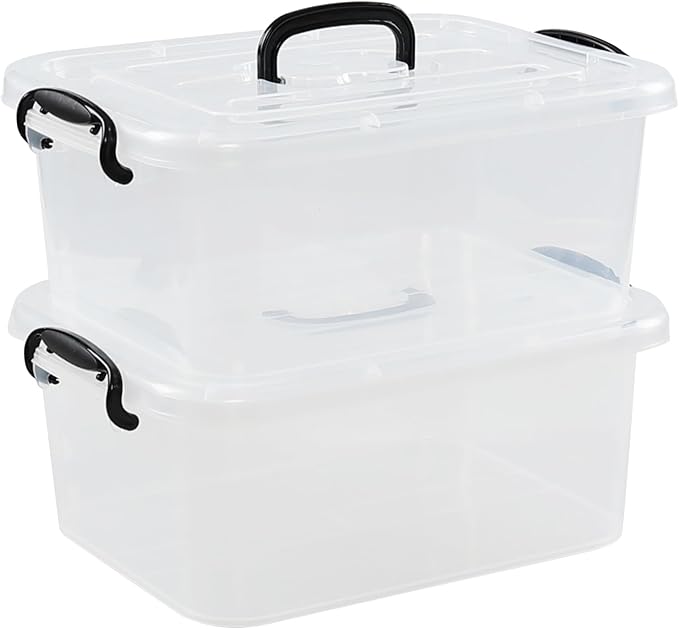Quickquick 8 L Plastic Latching Box with Handle, Storage Latch Bins with Handles, Clear, 2 Packs