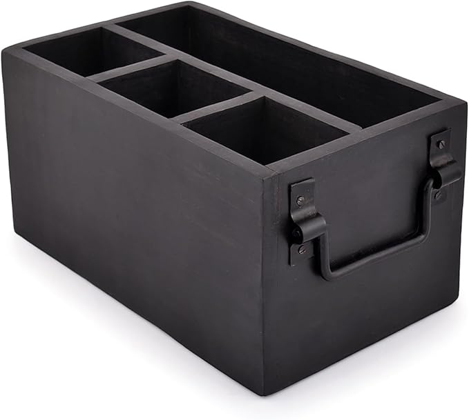 EDHAS Mango Wood 4 Compartment Flatware Caddy, Cutlery Utensil Holder with Napkin Holder for Kitchen, Dining, Picnics (10" x 6" x 5")