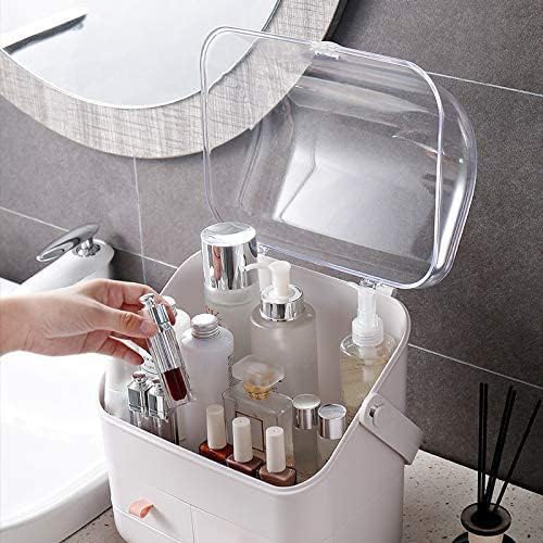LINFIDITE Cosmetic Storage Box with Lid Waterproof&Dustproof Makeup Organizer Box Portable Handle,Large Makeup Display Case with Drawers Fully Open Lid,Great for Bathroom Countertop Bedroom Dresser