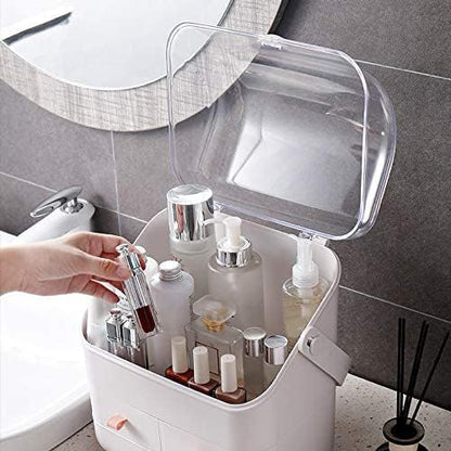 LINFIDITE Cosmetic Storage Box with Lid Waterproof&Dustproof Makeup Organizer Box Portable Handle,Large Makeup Display Case with Drawers Fully Open Lid,Great for Bathroom Countertop Bedroom Dresser
