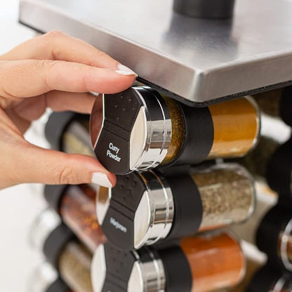 Orii 20 Jar Spice Rack with Spices Included & 5-Year Free Spice Refill Program - Tower Organizer for Kitchen Spices and Seasonings, (Silver Black)