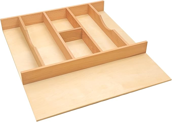 Silverware Drawer Organizer - Trim-to-Fit with Adjustable Dividers for Kitchen Utensil Storage, Beech Wood Frame with 11 Sizes (19.25" W x 22" D)