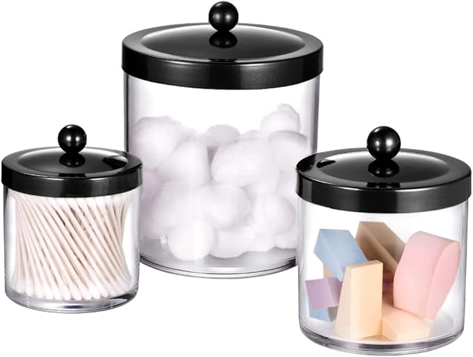 SheeChung 3-Pack Plastic Apothecary Jars with Black Metal Lids - Large 50oz, 25oz & 15oz Clear Acrylic Storage Set - Shatterproof Bathroom & Laundry Room Organizer - Modern Farmhouse Decor
