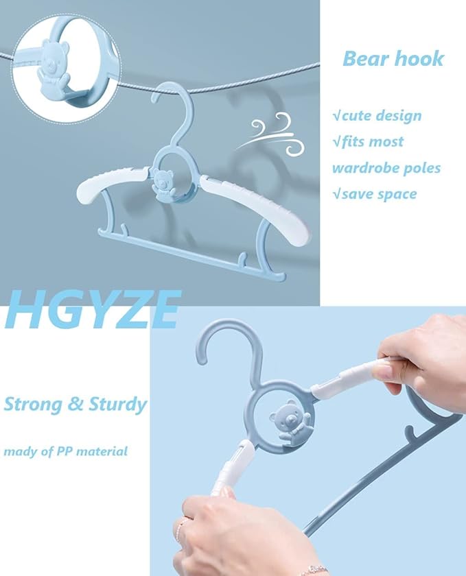 HGYZE Baby Nursery Closet Hangers, Non-Slip and Extendable Laundry Infant Pant Hangers for Newborn Clothes - 20pcs Colourful Gifts - Adjustable Children Coat Hanger for Girl Boy Toddler Kid, Colorful