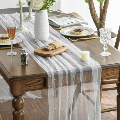 Artoid Mode 3-Pack Pearl White Gauze Table Runner 10FT Home Decor - Image 2