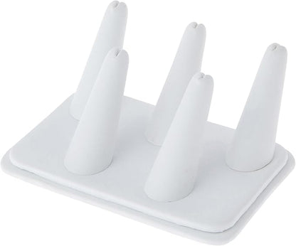Plymor White Faux Leather Ring Finger Display, Five on Rectangular Base, 5.25" W x 3.625" D x 2.25" H