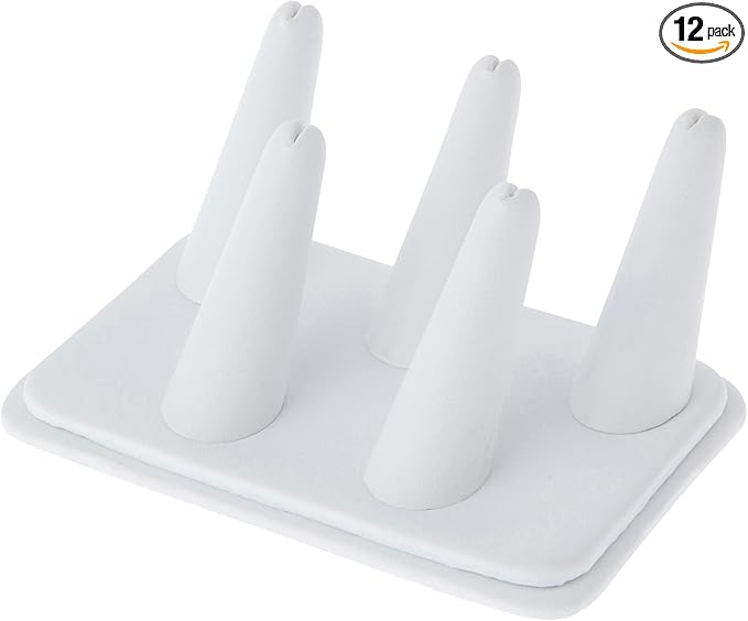 Plymor White Faux Leather Ring Finger Display, Five on Rectangular Base, 5.25" W x 3.625" D x 2.25" H (Pack of 12)