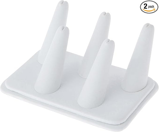 Plymor White Faux Leather Ring Finger Display, Five on Rectangular Base, 5.25" W x 3.625" D x 2.25" H (Pack of 2)