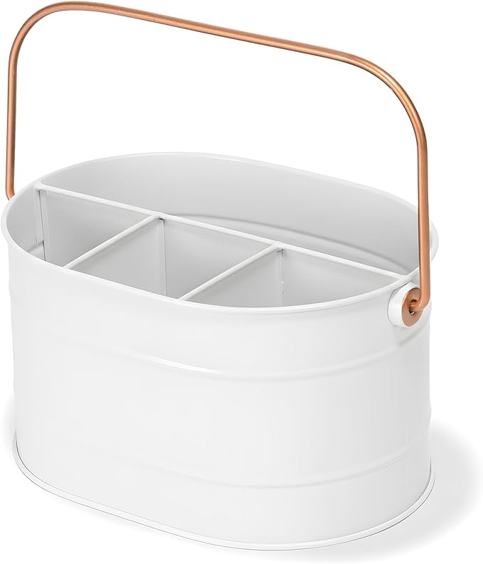 Red Co. 10" x 7" Enameled Metal Utensil Caddy & Countertop Flatware Organizer with Handle, Farmhouse White/Rose Gold