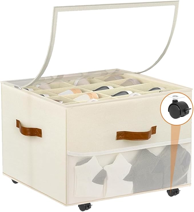 Shoe Storage Organizer for Closet,Shoe Organizer for Closet with Detachable Wheels and Adjustable Dividers,Foldable Large Shoe Box Storage Fits 16 Pairs Extra with Cover and Storage Pocket