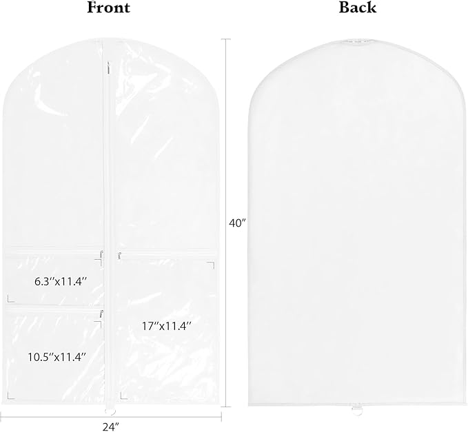Univivi Dance Costume Bags Garment Bag 40 Inch Hanging Clothes for Dance Competitions, with 3 Medium Clear Zipper Pockets for Dance Costumes, Closet Storage (White) - 8 Pack