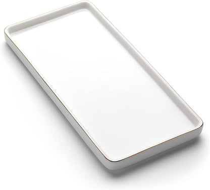Gurygo 8" Bathroom Tray, Ceramic Vanity Trays for Bathroom, Small Ceramic Trays, Kitchen Soap Tray for Kitchen Counter (White with Gold-Edged, 8",Set/1)