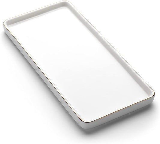 Gurygo 8" Bathroom Tray, Ceramic Vanity Trays for Bathroom, Small Ceramic Trays, Kitchen Soap Tray for Kitchen Counter (White with Gold-Edged, 8",Set/1)
