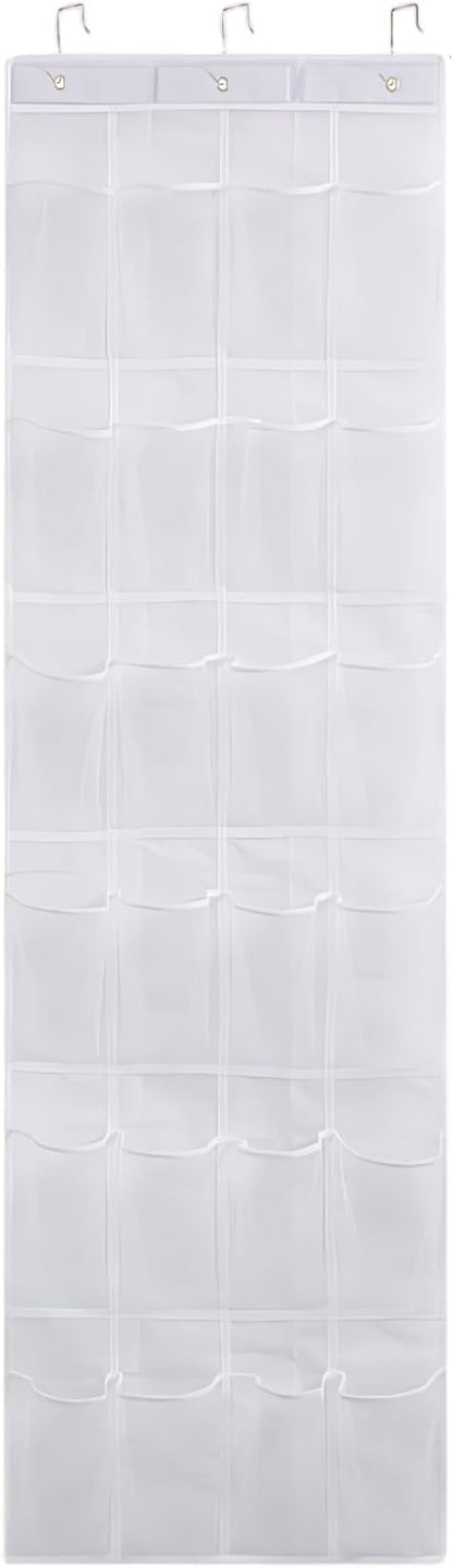 Shoe Rack for Door, Shoe Hanger for Door 24 Mesh Pocket Over The Organizer Space Saving Hanging Storage Holder with Hooks 64x19 Inch White, Hanging Organizer