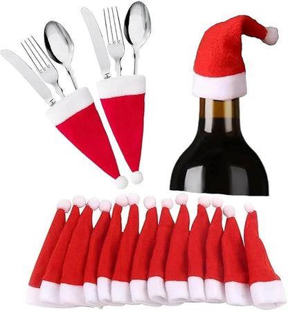 40 Pcs Christmas Santa Hats Silverware Utensil Holders, Xmas Table Flatware Wine Bottle Covers Dinnerware Cutlery Decorations Party Supplies