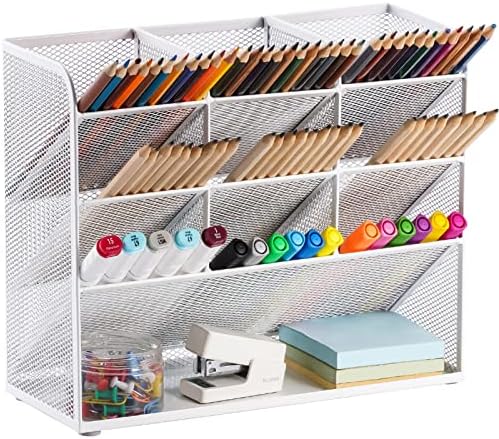 Marbrasse Mesh Desk Organizer, Multi-Functional Pen Holder, Pen Organizer for desk, Desktop Stationary Organizer, Storage Rack for School Home Office Art Supplies (White - Mesh Pen Holder) by Marbrasse