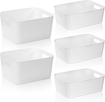 Peohud 5 Pack White Plastic Storage Bins, Pantry Organization and Storage Baskets with Handles, Open Plastic Storage Container for Home, Kitchen, Office, Shelves, Cabinet, Under Sink Organizer