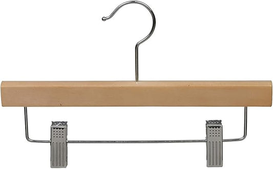Kids Natural Finish Wood Bottom Hanger with Clips in 11" Length X 5/8" Thick with Chrome Hardware, Box of 100